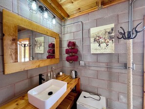 A bathroom with a wooden vanity, a white sink, a mirror, a towel rack, a picture on the wall, and a towel dispenser. - Sn Tony Hotel & Spa (Valle de Guadalupe)