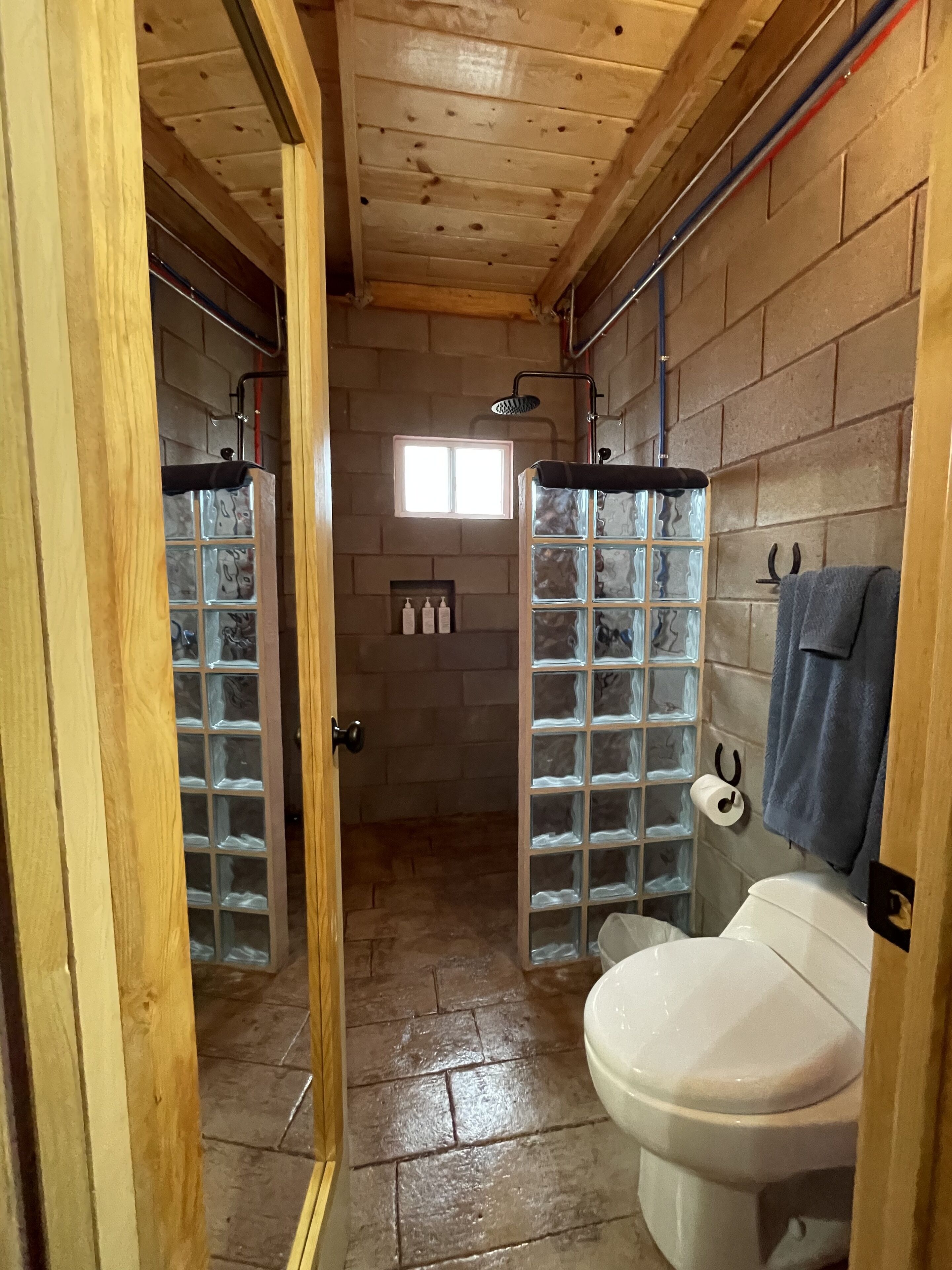 Een douche, een hydromassagedouche, een haardroger, handdoeken