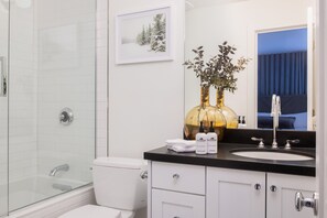 A modern bathroom with a glass-enclosed shower, a white toilet, a black countertop with a sink, and a large mirror. - Outpost: Rendezvous B1 -Renovated, Hot Tub Access! (Teton Village)