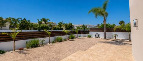 A courtyard with a tiled floor, a wooden fence, and a palm tree.