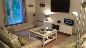 Una sala de estar con un sofá, una mesa de centro, un televisor y una lámpara.