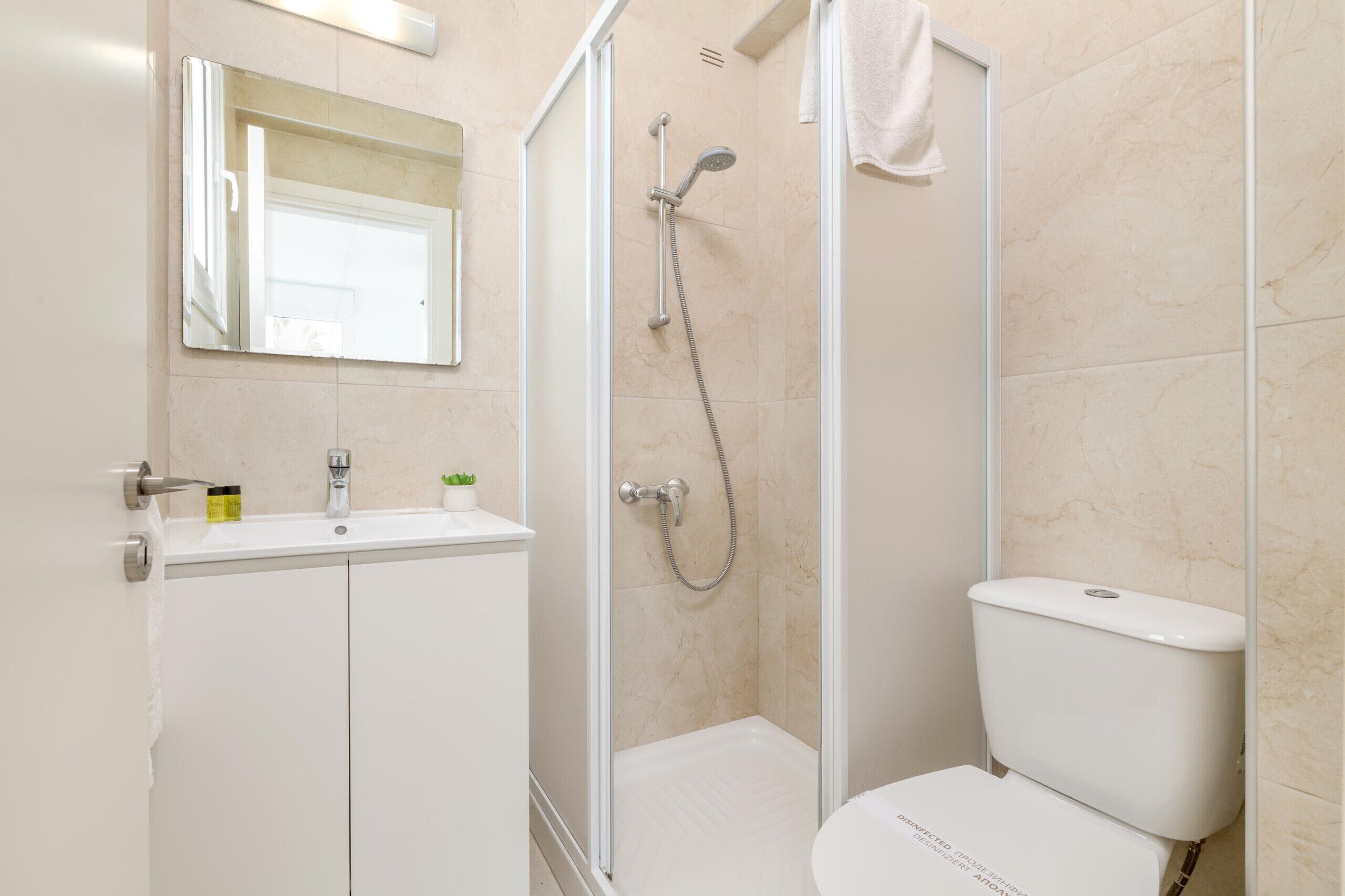 A bathroom with a toilet, a sink, a shower, and a mirror.