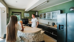 A modern kitchen with a stone island, stainless steel appliances, and a green accent wall.
