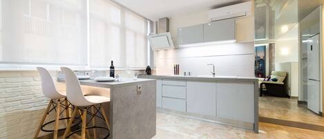 Fridge, microwave, oven, toaster