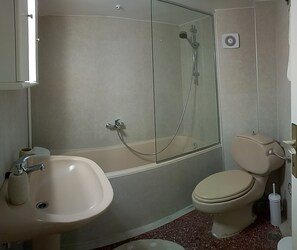 Hair dryer, towels, shampoo