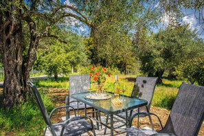 Enjoy a dining experience in this serene garden setting, surrounded by mature trees and lush greenery.