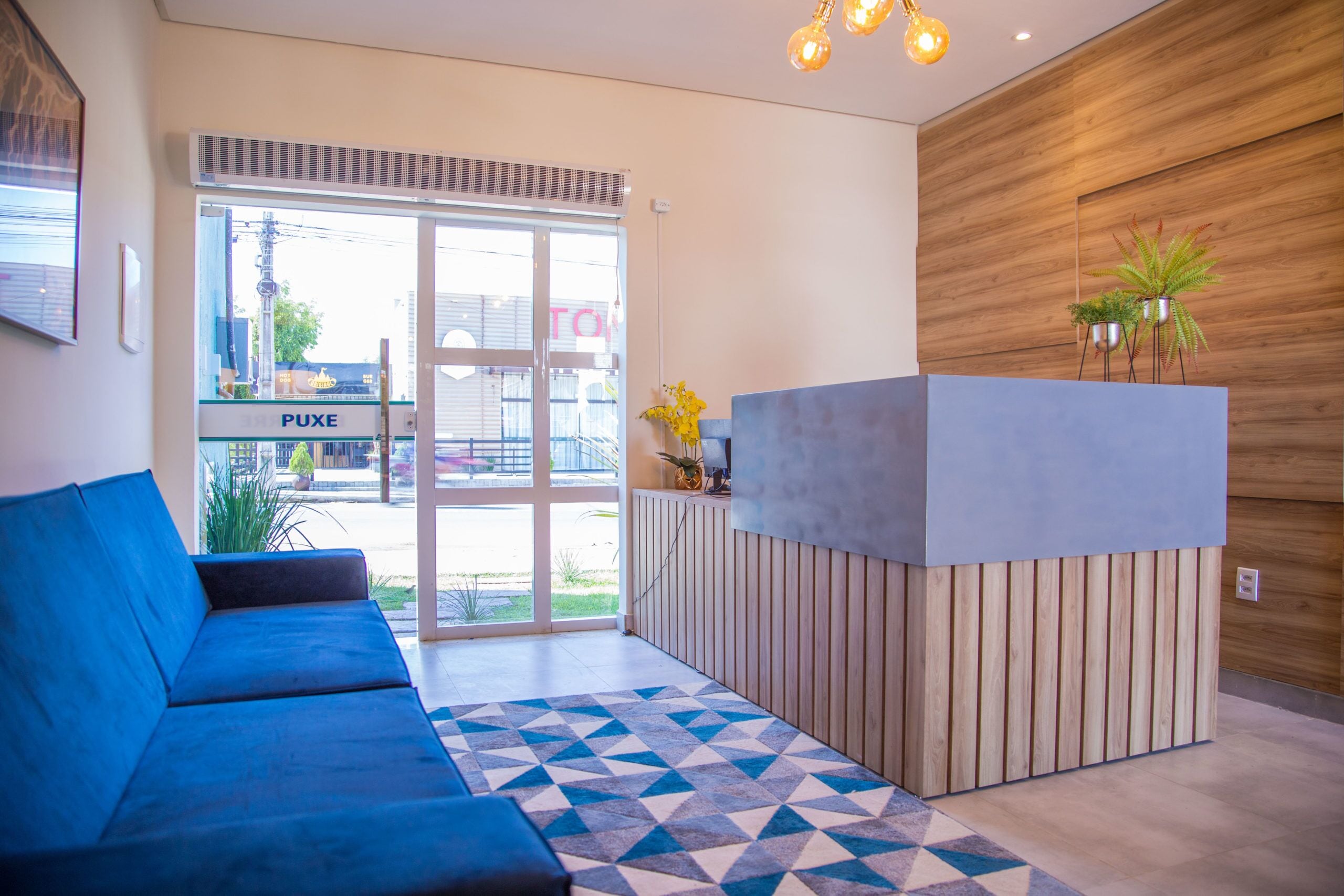 Una zona de recepción con un sofá azul, un tapete de diseño geométrico, un mostrador de madera y plantas en macetas.