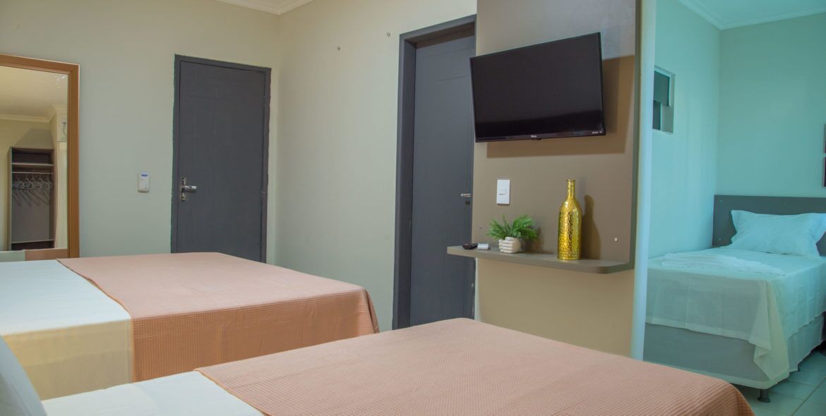 A hotel room with two beds, a TV mounted on the wall, and a small shelf with a plant and a bottle.