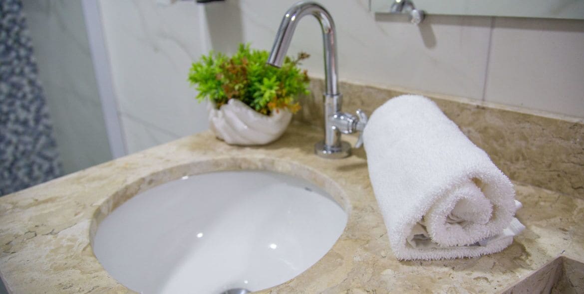Une salle de bain avec un lavabo, une serviette blanche et une plante en pot.