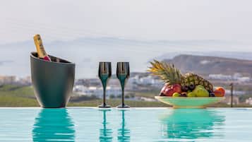 Outdoor pool, a heated pool, sun loungers