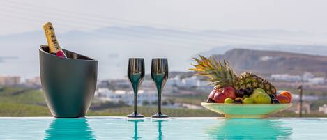 Outdoor pool, a heated pool, pool loungers