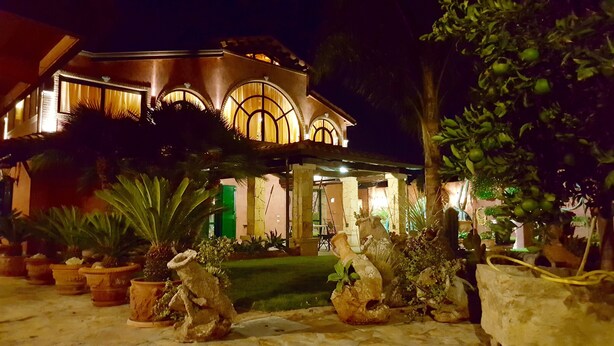 A well-lit, modern house with a curved roof and arched windows, surrounded by potted plants and a stone pathway. - Holiday home Villa Flumini  (Quartu Sant'Elena)