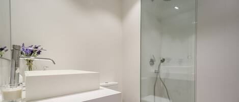A modern bathroom with a white sink, toilet, and glass shower enclosure.