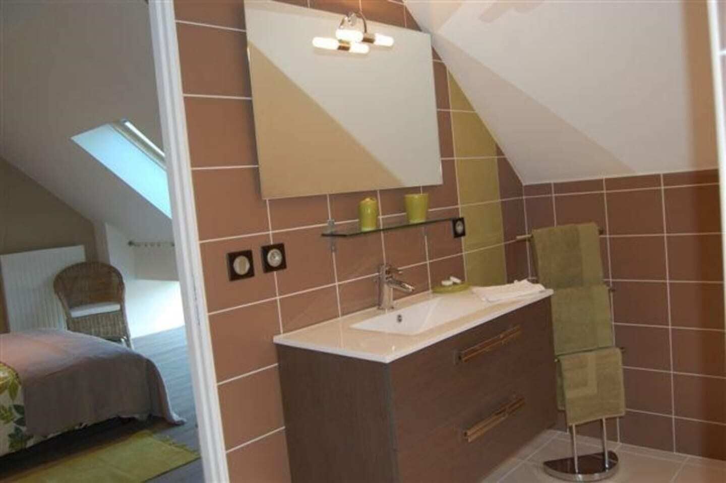 Une salle de bain avec un grand miroir, un lavabo et un porte-serviettes.