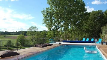 Seasonal outdoor pool, pool loungers