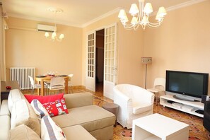 Télévision, cheminée, lecteur de DVD, livres