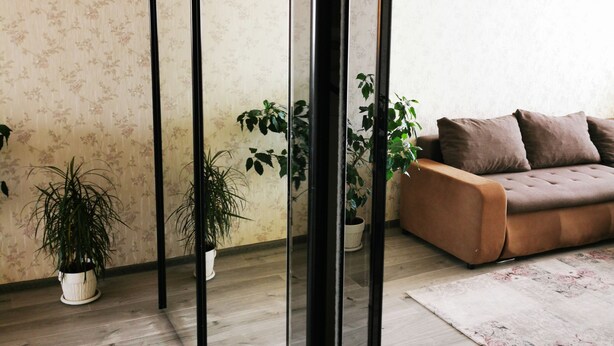 A modern living room with a sofa, potted plants, and a wooden floor. - Ultra Central apartment (Oradea)