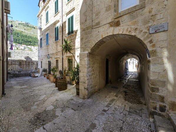 Explore historic charm in this tranquil alleyway lined with traditional architecture and potted plants.