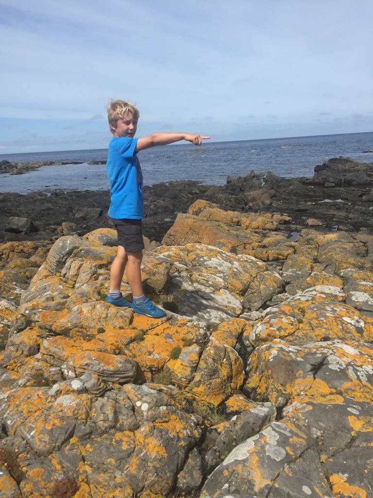 A child standing on rocky terrain with a view of the ocean.