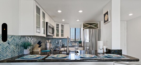 Fridge, microwave, oven, stovetop