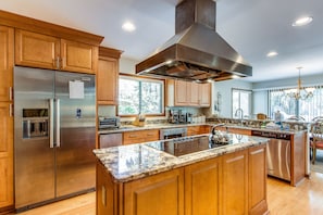 Fridge, microwave, oven, stovetop - Spacious Home with Gourmet Kitchen, Private Pool, & WiFi - Steps from the Beach (Hilton Head)