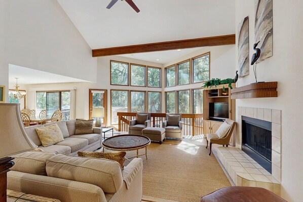 Televisión, chimenea, reproductor de DVD y libros 