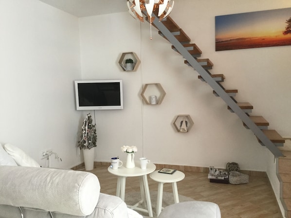 TV, books, video library, stereo