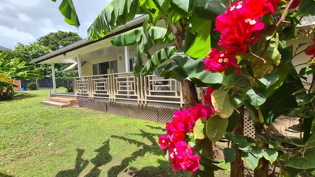 A house with a covered porch, a lawn, and a garden with red flowers. - FARE AT MARIE LOU (Papetoai Moorea)