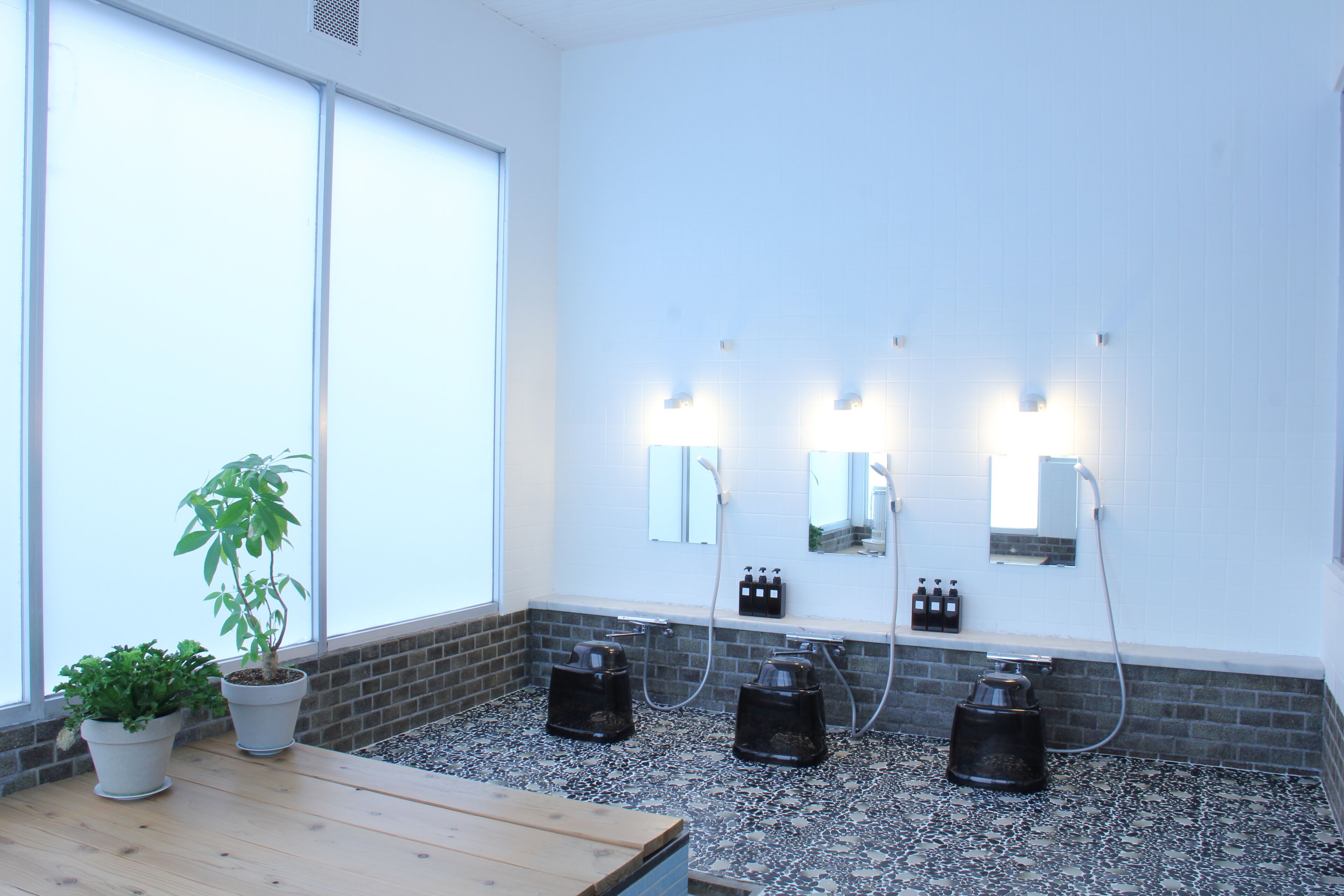 Un baño con un ventanal grande, dos plantas en macetas, un lavabo con espejo y una zona de ducha.