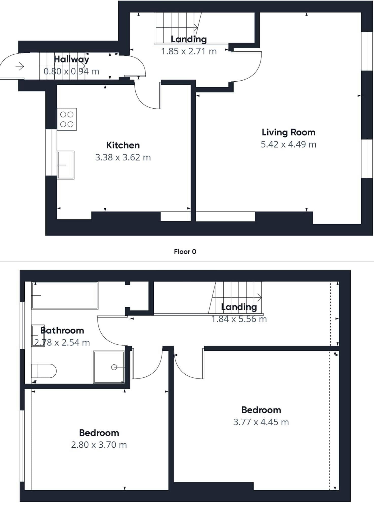 Een plattegrond van een hotelkamer met een doorgang, hal, keuken, woonkamer, badkamer en twee slaapkamers.