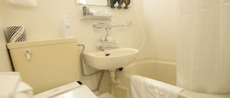 A bathroom with a sink, mirror, and shower curtain.