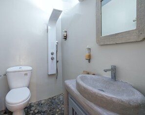 Combined shower/bathtub, hair dryer, towels, soap