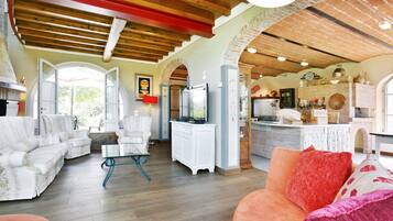 TV connectée, cheminée, lecteur de DVD, table de tennis de table