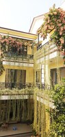 Un edificio de varios pisos con balcones cubiertos de enredaderas y plantas florecientes.