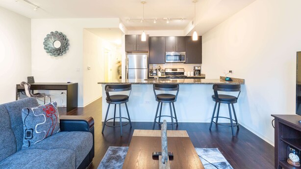 A modern living room with a sofa, a coffee table, and a TV stand. A kitchen with a microwave, refrigerator, and bar stools is visible in the background. - Half a mile from everything in the heart of Evanston, Illinois (Evanston)