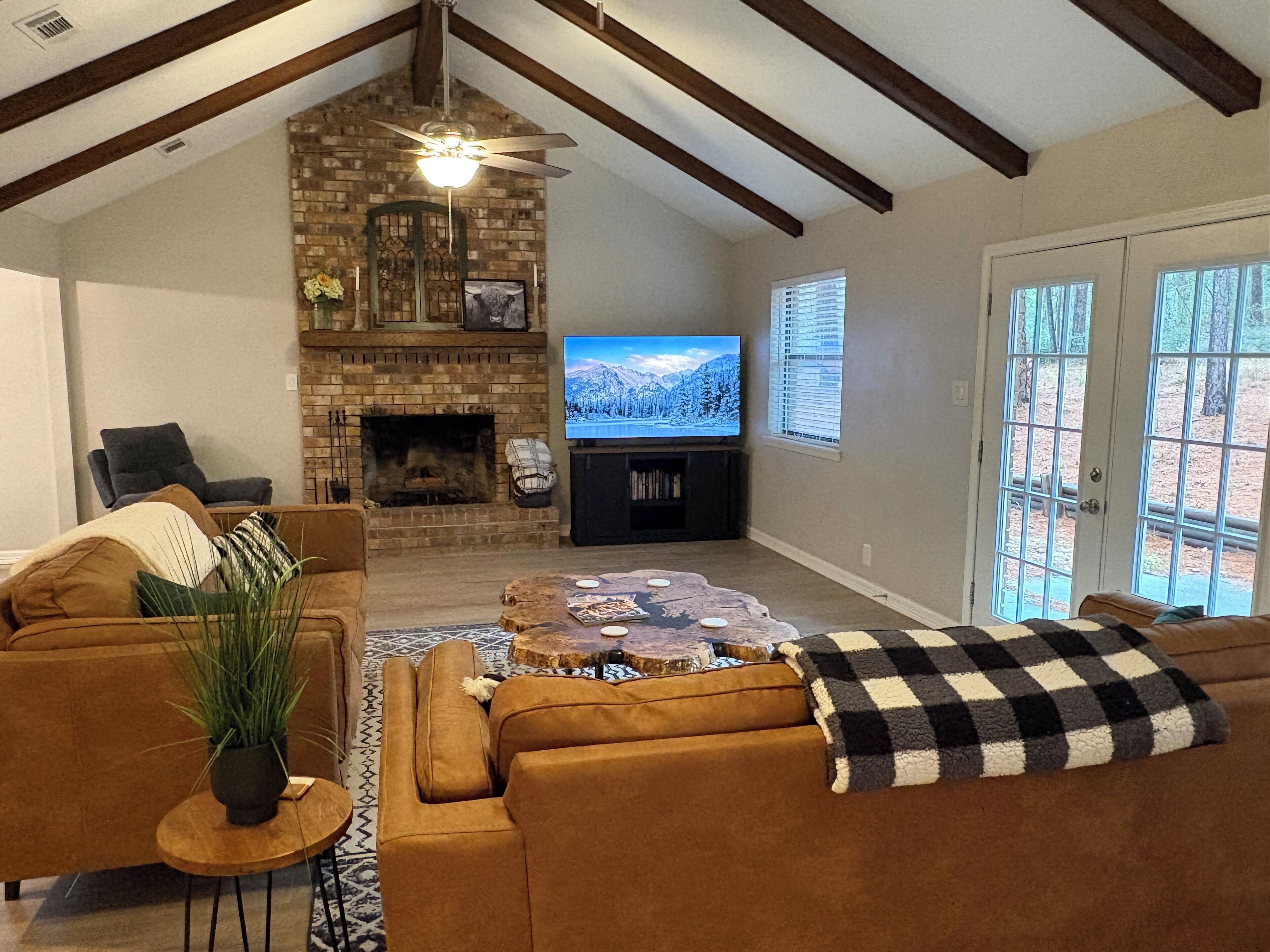 Smart TV, chimenea, reproductor de DVD y libros 