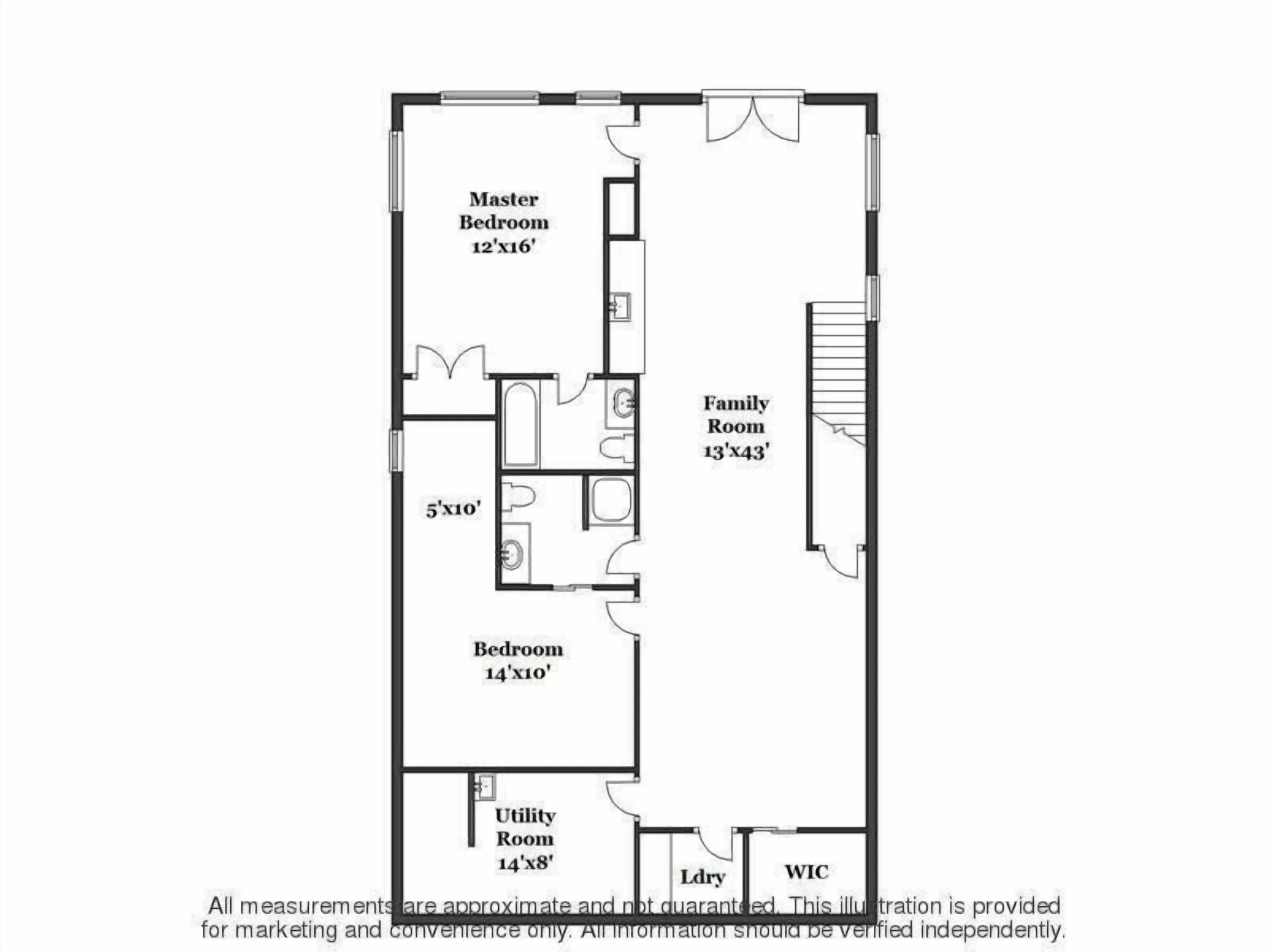 Een plattegrond van een hotelkamer met een masterbedroom (12'x16'), een familiekamer (13'x43'), een standaard slaapkamer (14'x10'), een technische ruimte (14'x8') en een toilet.