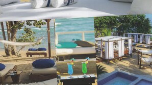 A beachside hotel with lounge chairs, umbrellas, and a pool area. - Soak up sun & fun at a 6-bed villa in the Dominican Republic resort on the ocean (Cofresi)
