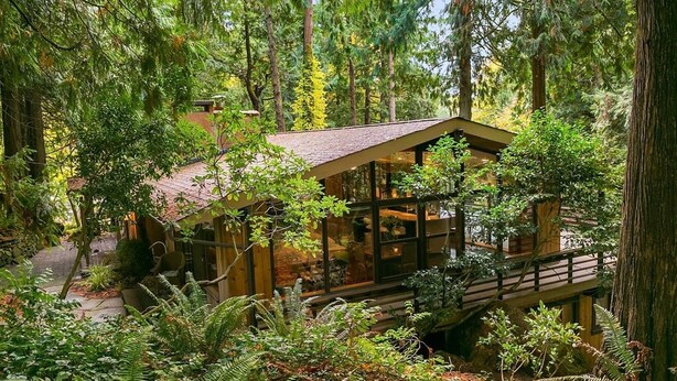A cabin surrounded by dense forest, with a wooden deck and large windows. - House in the Woods [whole house] (Issaquah)