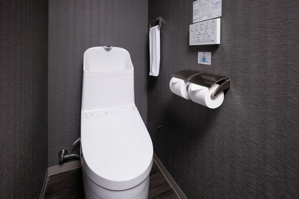 A modern toilet with a control panel, a toilet paper holder, and a hand dryer.