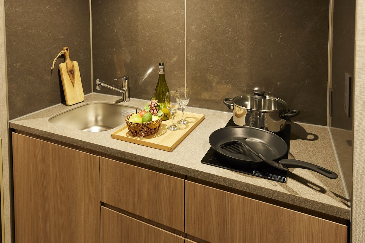 Fridge, microwave, stovetop, electric kettle
