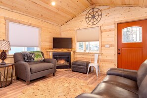 TV connectée, cheminée, livres