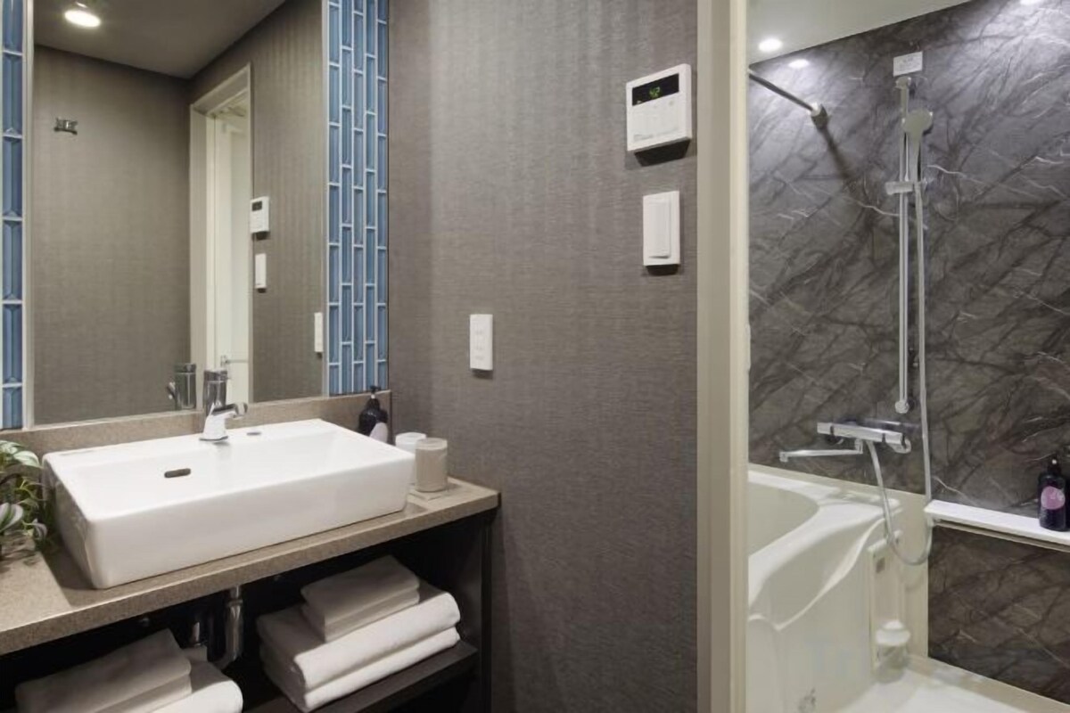 Separate bathtub and shower, hydromassage showerhead, free toiletries