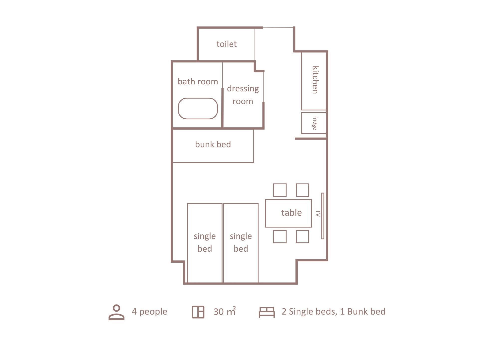 A 30 m² room layout with a toilet, kitchen, dressing room, and two single beds plus a bunk bed.