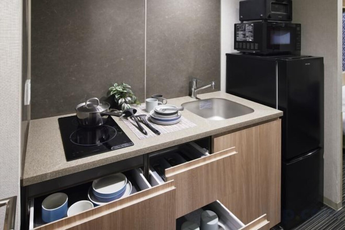 Full-size fridge, microwave, stovetop, electric kettle