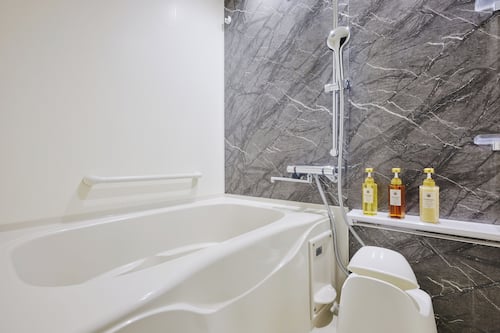 Separate tub and shower, hair dryer, slippers, electronic bidet