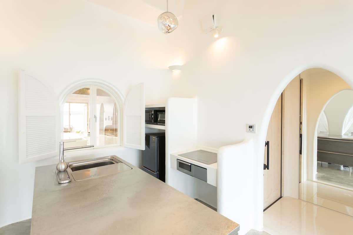 full-sized fridge, microwave, stovetop, electric kettle