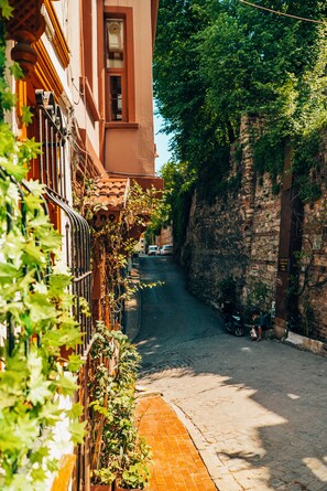 A narrow cobblestone street flanked by buildings with vines and a stone wall. - Astra Boutique Hotel (Istanbul)