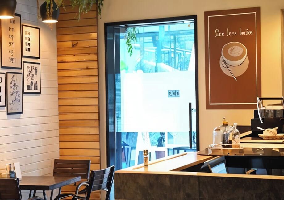 A modern hotel lobby with a reception desk, seating area, and wall-mounted plants.