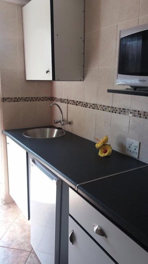 Room 3 | Private kitchen | Mini-fridge, microwave, electric kettle, cookware/dishes/utensils - Allen Grove Self Catering (Kempton Park)